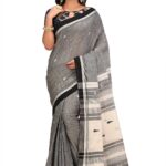 Hand Span Cotton Jamdani Saree-Charcoal Dust
