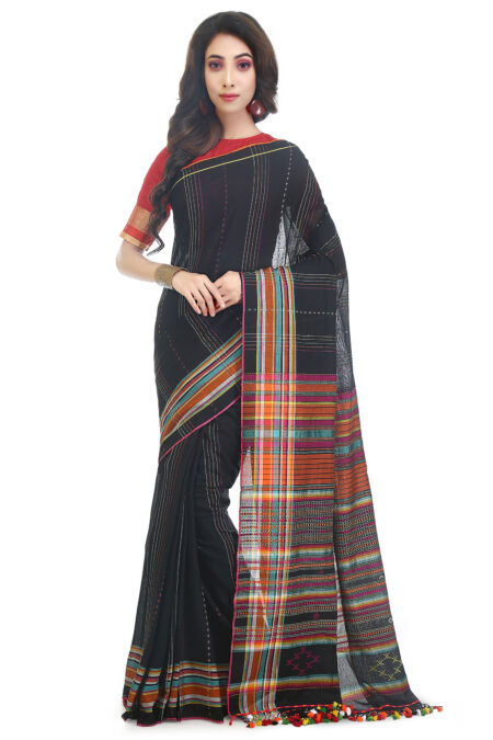 Bhujodi Handspun Cotton Saree-Black Berry