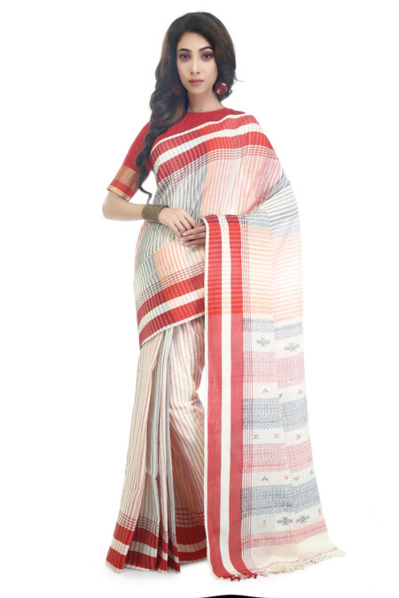 Bhujodi Handspun Cotton Saree-Oyster